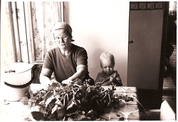 My Granny Helga and me sorting Spinach.
